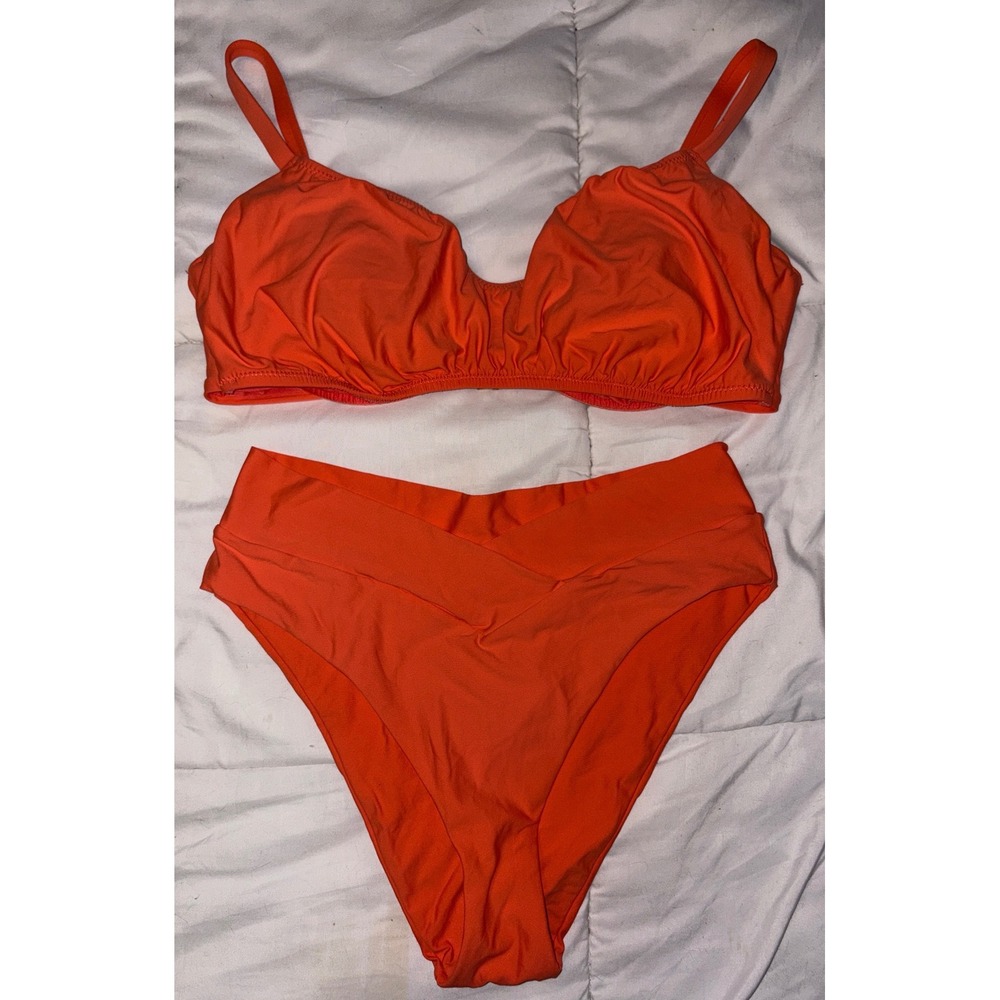 Swim Systems Bright Orange Bra Sized Underwire Support Hi Leg Bikini,‎ DD/Med